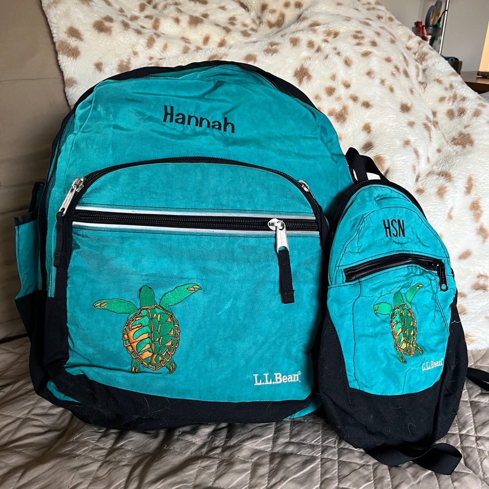 L.L. Bean Aqua and Black Backpack Duo with Seaturtle Motif